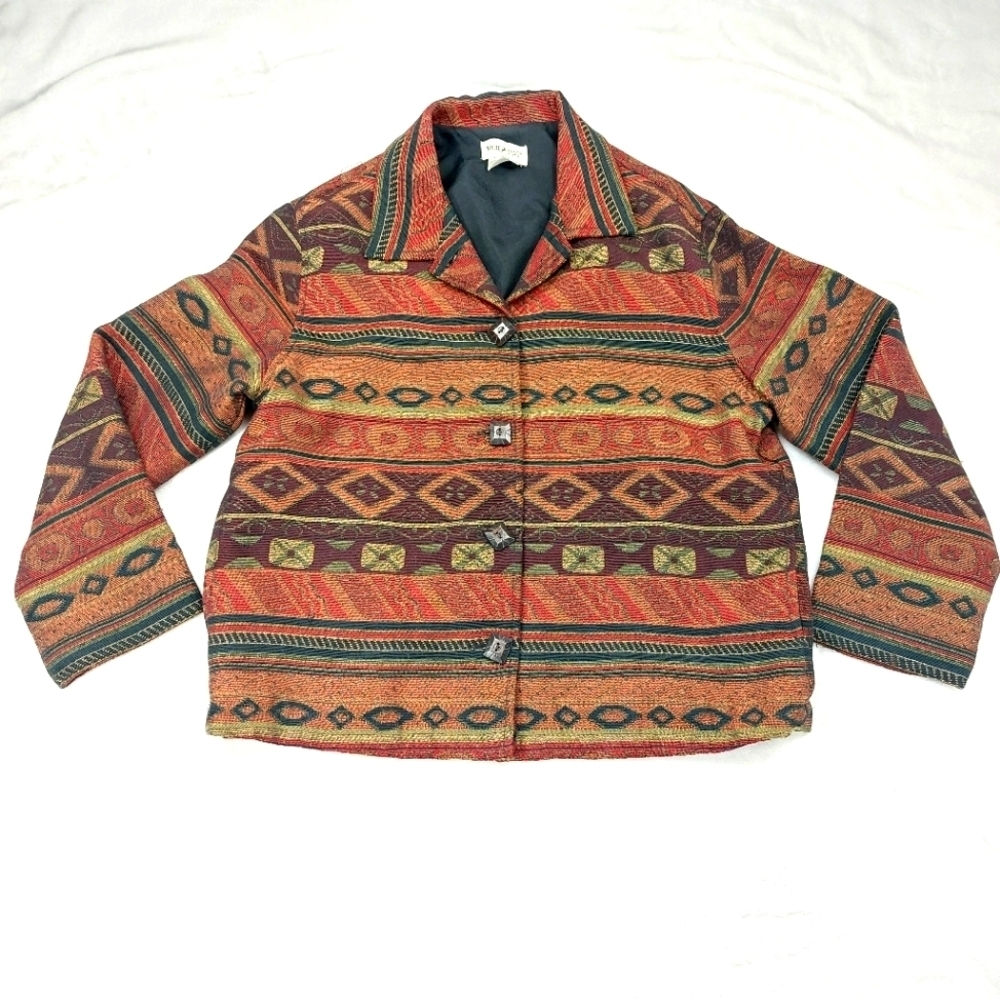 WHITE STAG WOMENS VTG MULTICOLORED TRIBAL SOUTHWEST TAPESTRY BLAZER SZ M 8 10